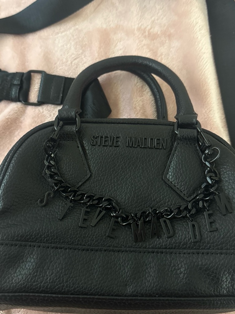 Steve Madden Black Mini Dome Satchel with Chain Letter Detail